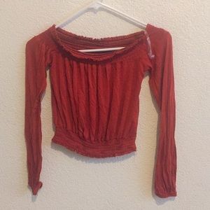 burnt orange off the shoulder top